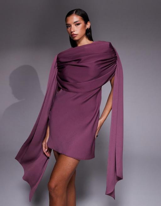 ASOS DESIGN satin shoulder pads mini dress with ruched bodice overlay and side sash details in grape, 2 of 4
