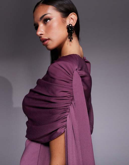 ASOS DESIGN satin shoulder pads mini dress with ruched bodice overlay and side sash details in grape, 3 of 4
