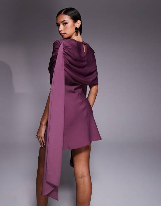 ASOS DESIGN satin shoulder pads mini dress with ruched bodice overlay and side sash details in grape, 4 of 4