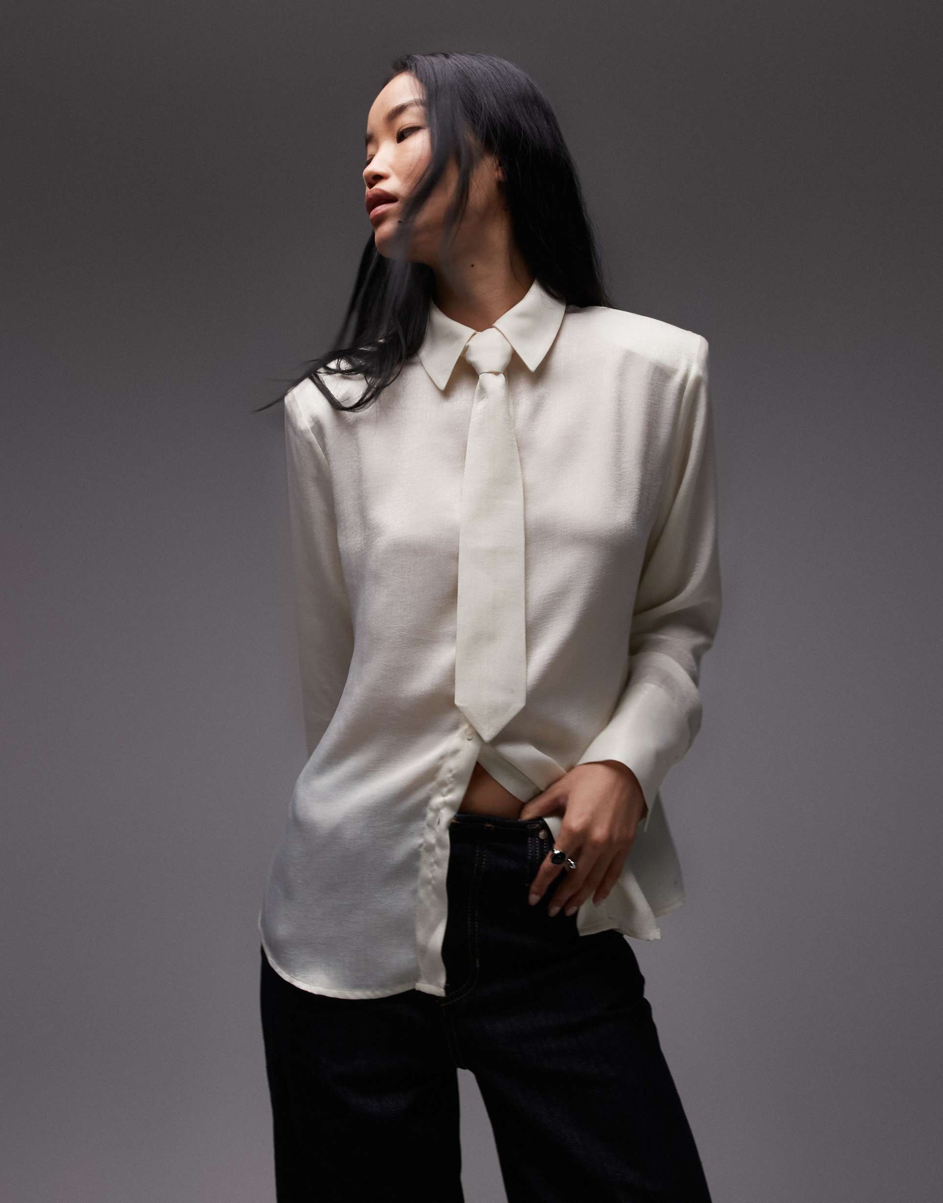 asos design satin shoulder pads shirt with tie in ivory