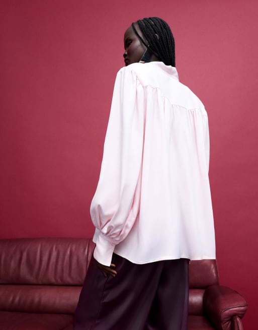 ASOS DESIGN satin shoulder pads tie neck blouse in pink, 3 of 4