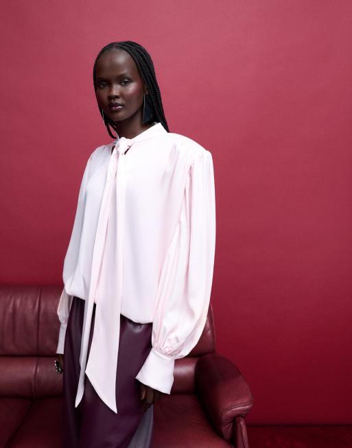 ASOS DESIGN satin shoulder pads tie neck blouse in pink, 4 of 4