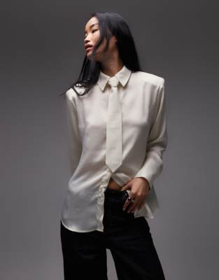 Asos Design Satin Shoulder Pads Tie Shirt In White