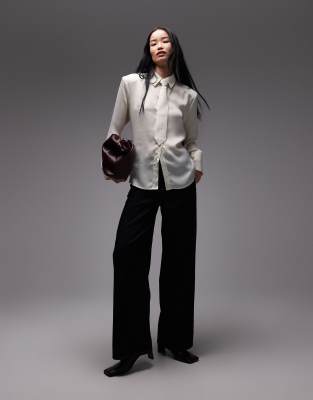 Asos Design Satin Shoulder Pads Tie Shirt In White