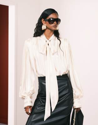 Asos Design Satin Shoulder Pads Volume Gathered Blouse In White