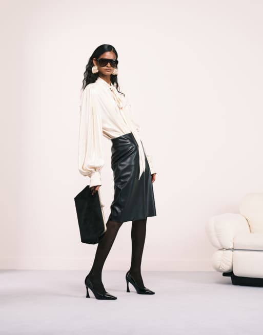 ASOS DESIGN satin shoulder pads volume gathered blouse in ecru stripes