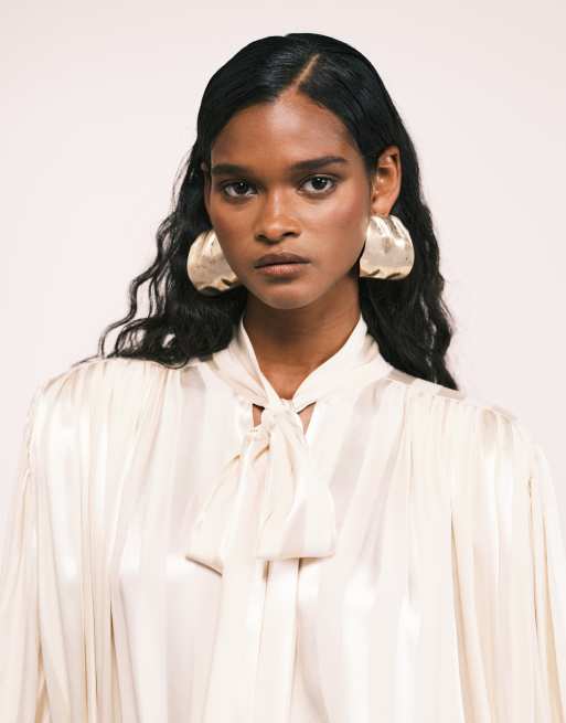 ASOS DESIGN satin shoulder pads volume gathered blouse in ecru stripes