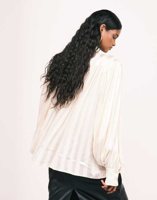 ASOS DESIGN satin shoulder pads volume gathered blouse in ecru stripes