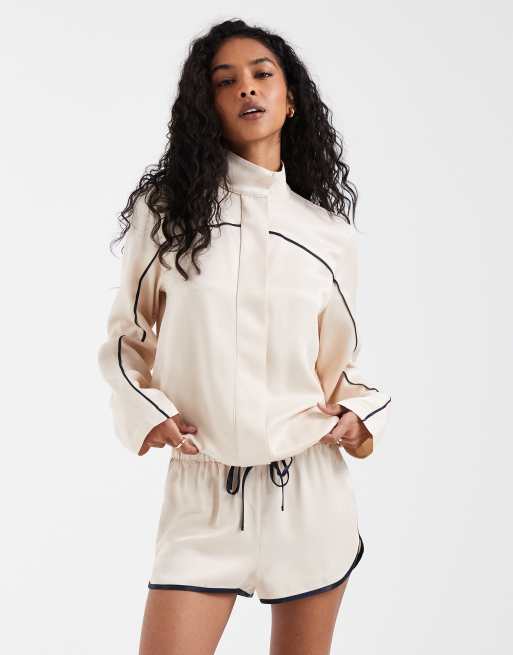 ASOS DESIGN satin side stripe runner shorts in ecru co ord, 4 of 5