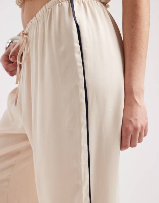 ASOS DESIGN satin side stripe wide leg pants in ecru, 4 of 5