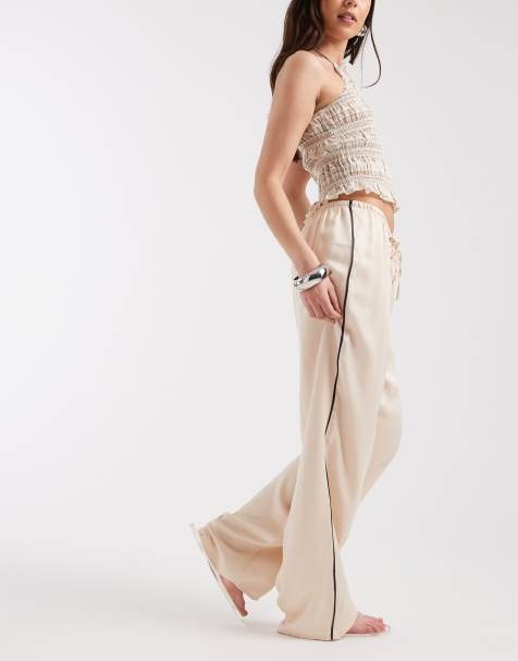 ASOS DESIGN satin side stripe wide leg trouser in ecru - view 1