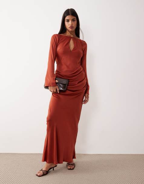 ASOS DESIGN satin slash neck draped skirt maxi dress with keyhole detail in rust - view 1