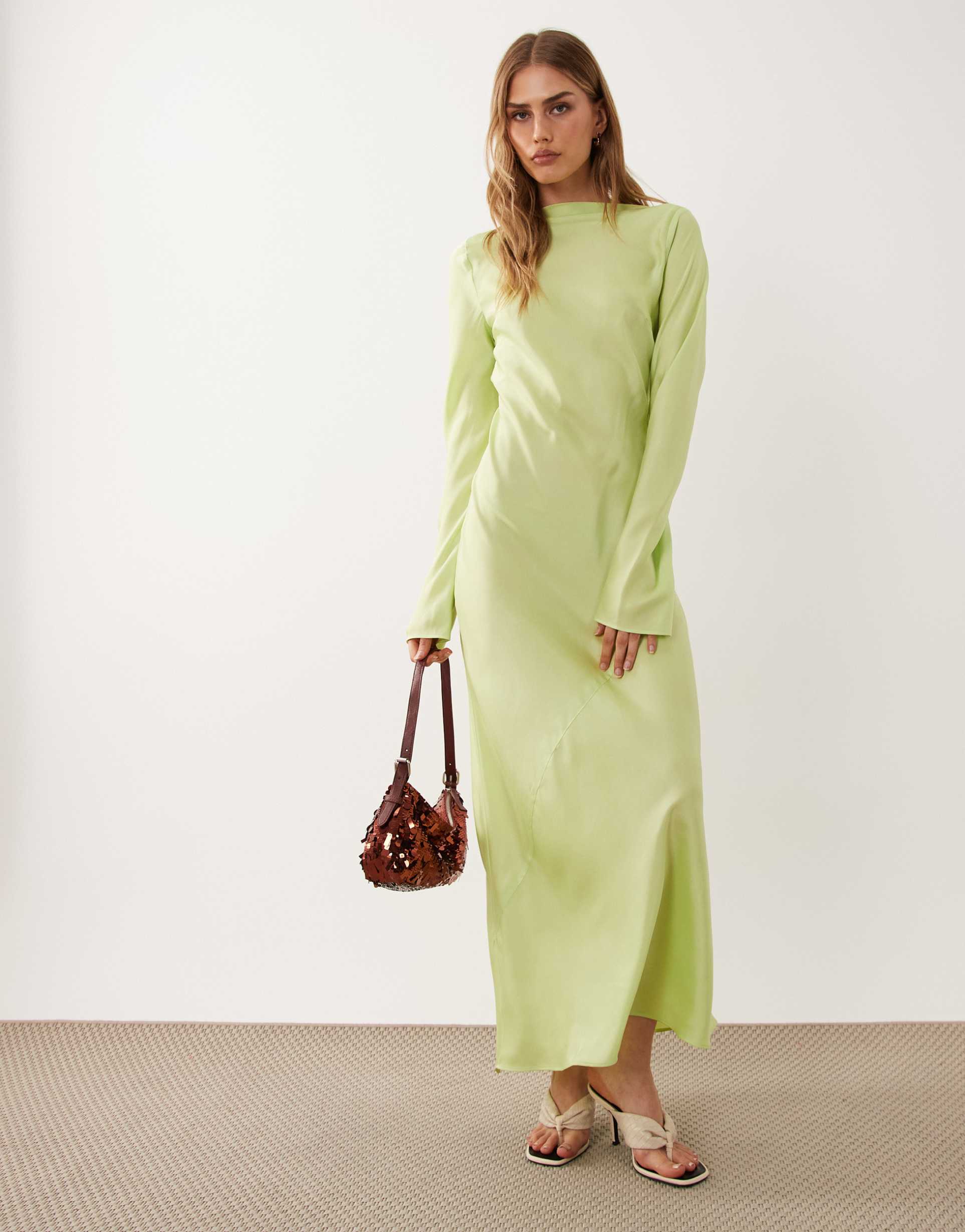 asos design satin slash neck long sleeve maxi dress in lime green