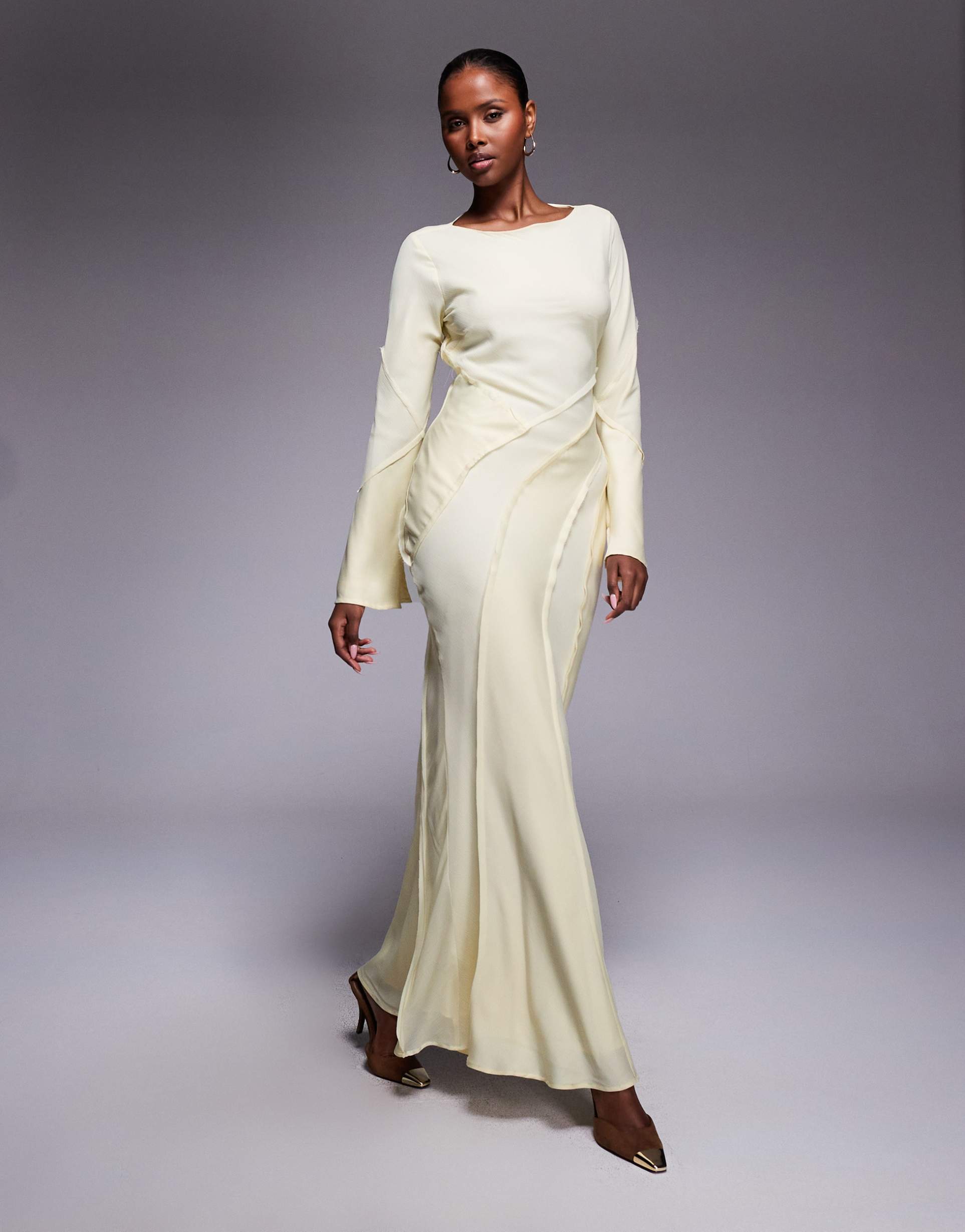 asos design satin slash neck long sleeve maxi dress with raw edge panel detail in buttermilk