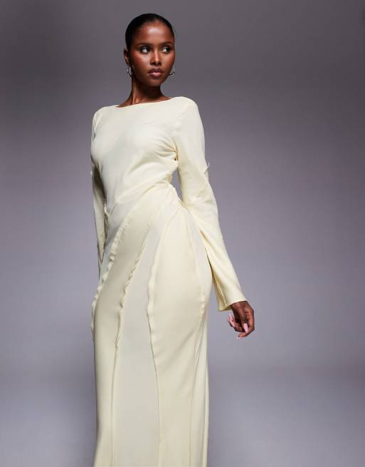 ASOS DESIGN satin slash neck long sleeve maxi dress with raw edge panel detail in buttermilk, 2 of 4