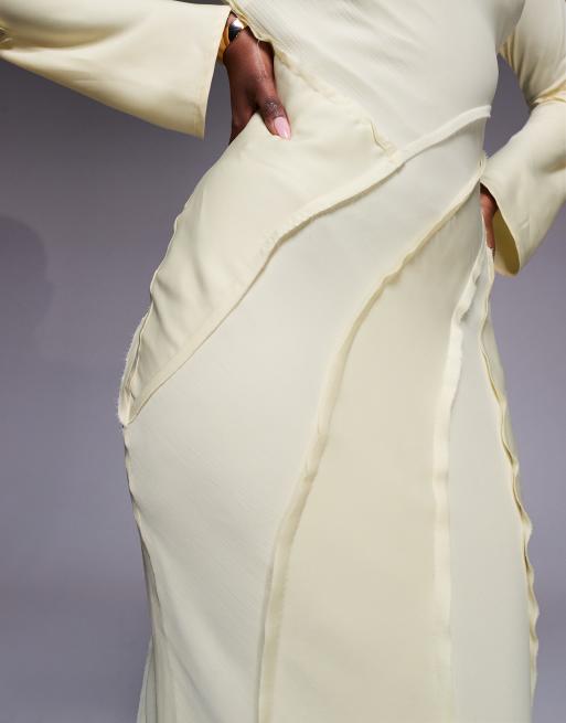 ASOS DESIGN satin slash neck long sleeve maxi dress with raw edge panel detail in buttermilk, 3 of 4