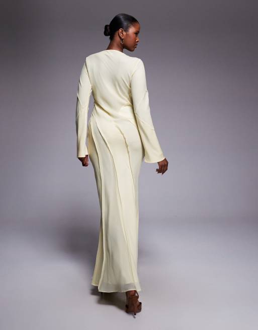 ASOS DESIGN satin slash neck long sleeve maxi dress with raw edge panel detail in buttermilk, 4 of 4