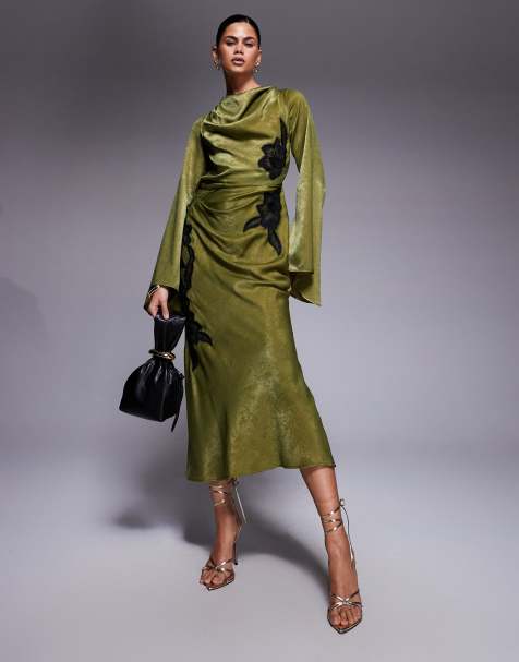 ASOS DESIGN satin slash neck midaxi dress with floral lace applique in olive
