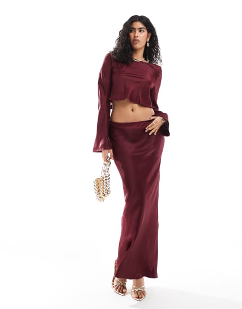 ASOS DESIGN satin slash neck top and bias maxi skirt co ord in burgundy - view 1