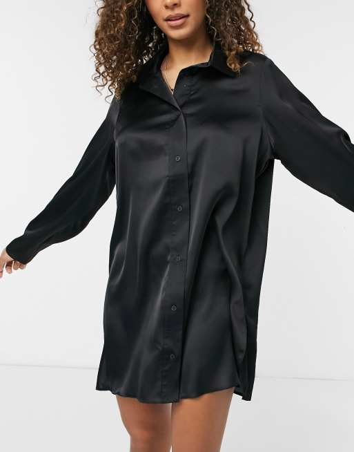 ASOS DESIGN satin sleep shirt in black