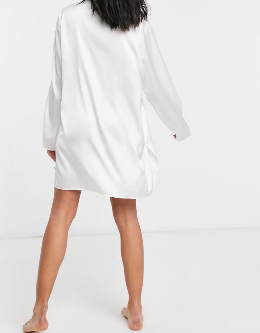 ASOS DESIGN satin sleep shirt in white