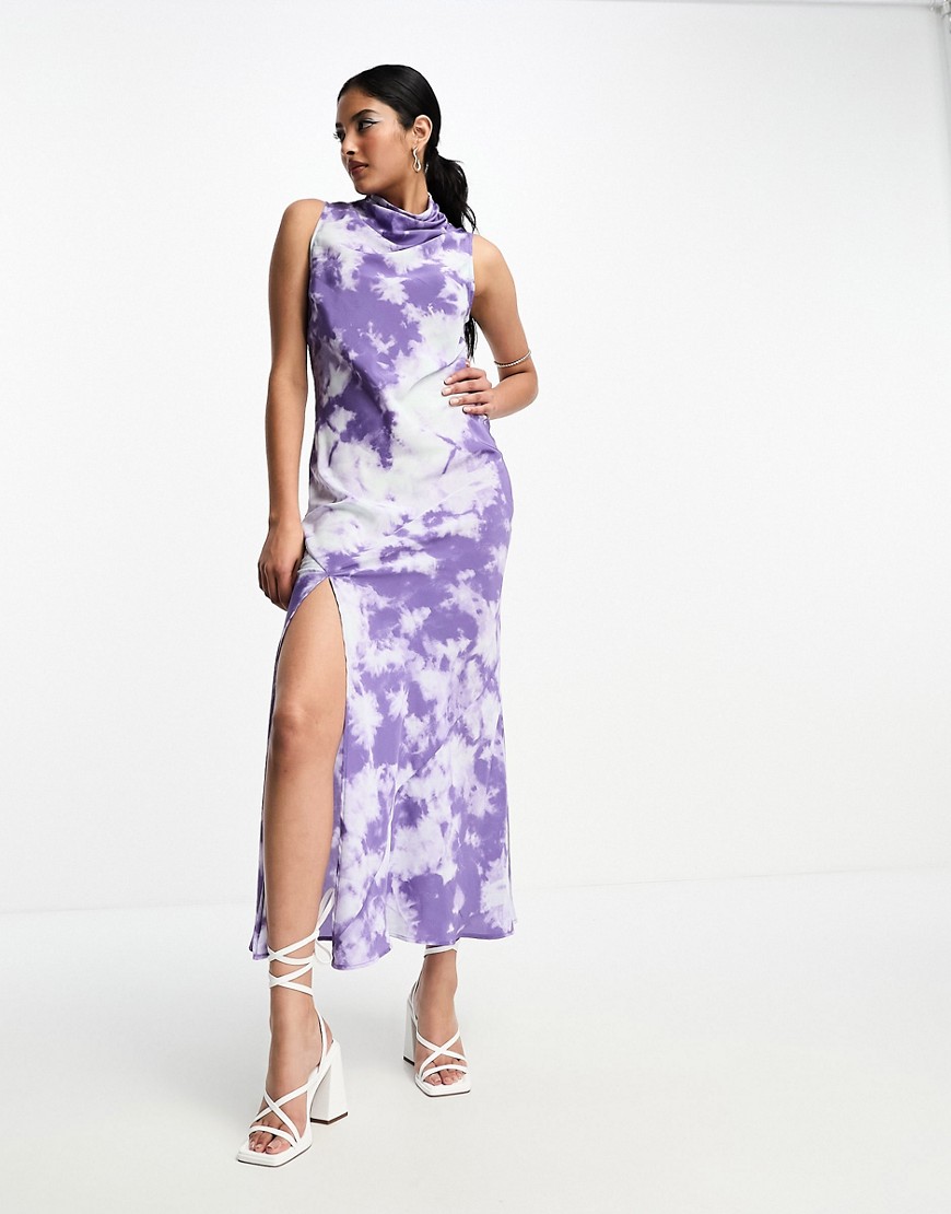 ASOS DESIGN satin sleeveless high neck midi dress with split front in marble print-Multi