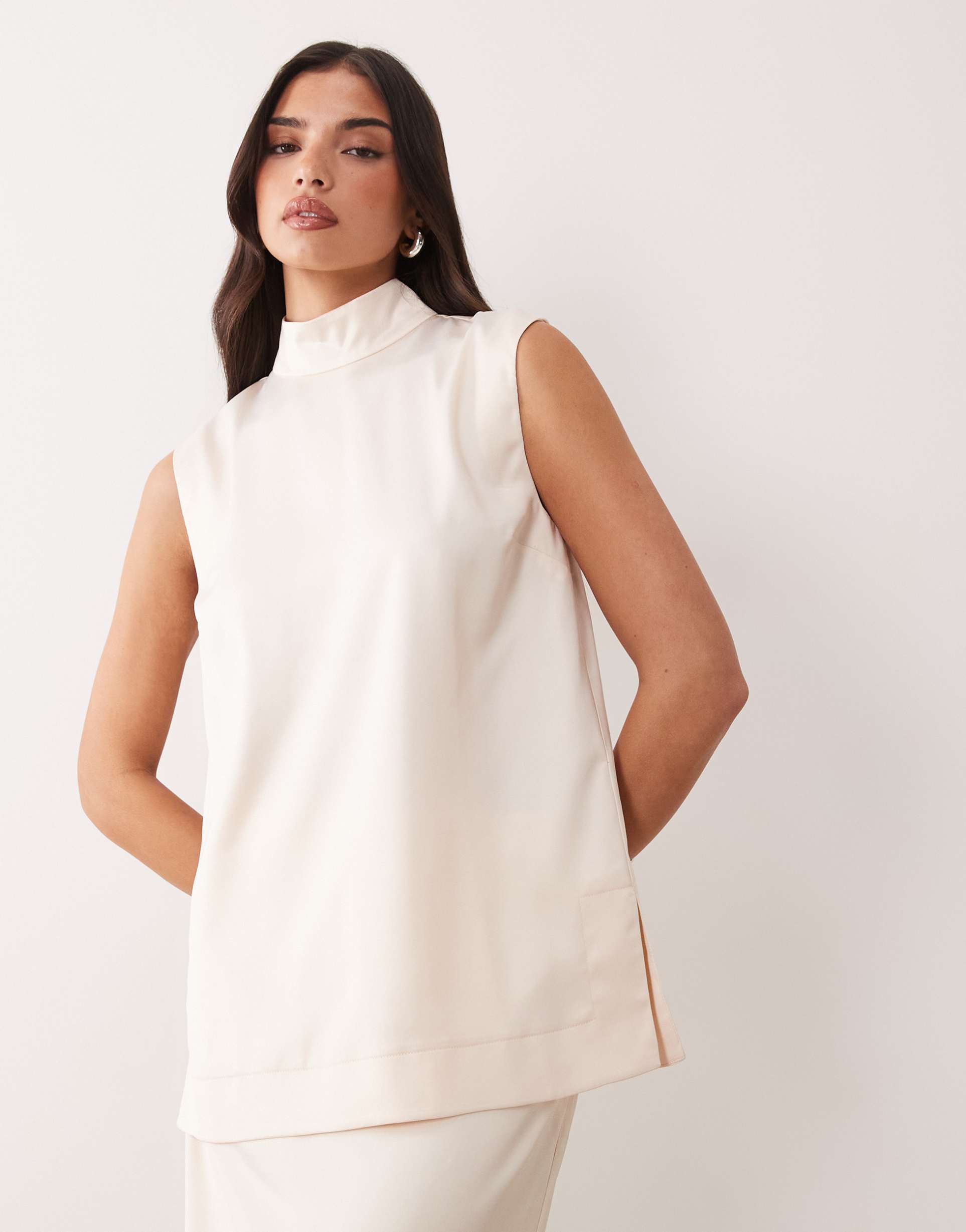 asos design satin sleeveless high neck top in cream - part of a set