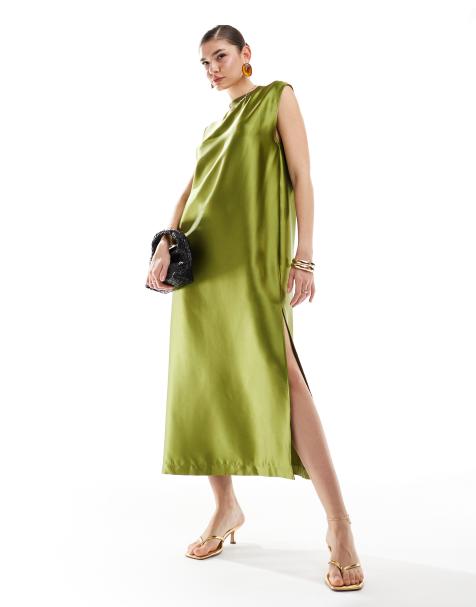 ASOS DESIGN satin sleeveless oversized midi t-shirt dress in chartreuse - view 1