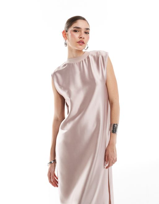 ASOS DESIGN satin sleeveless oversized midi t-shirt dress in taupe, 2 of 4
