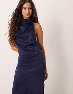 Asos Design Satin Sleeveless Quarter Zip Maxi Dress In Blue