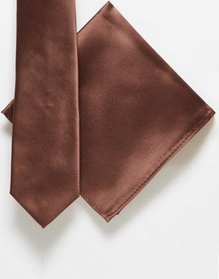 Asos Design Satin Slim Tie And Pocket Square In Brown