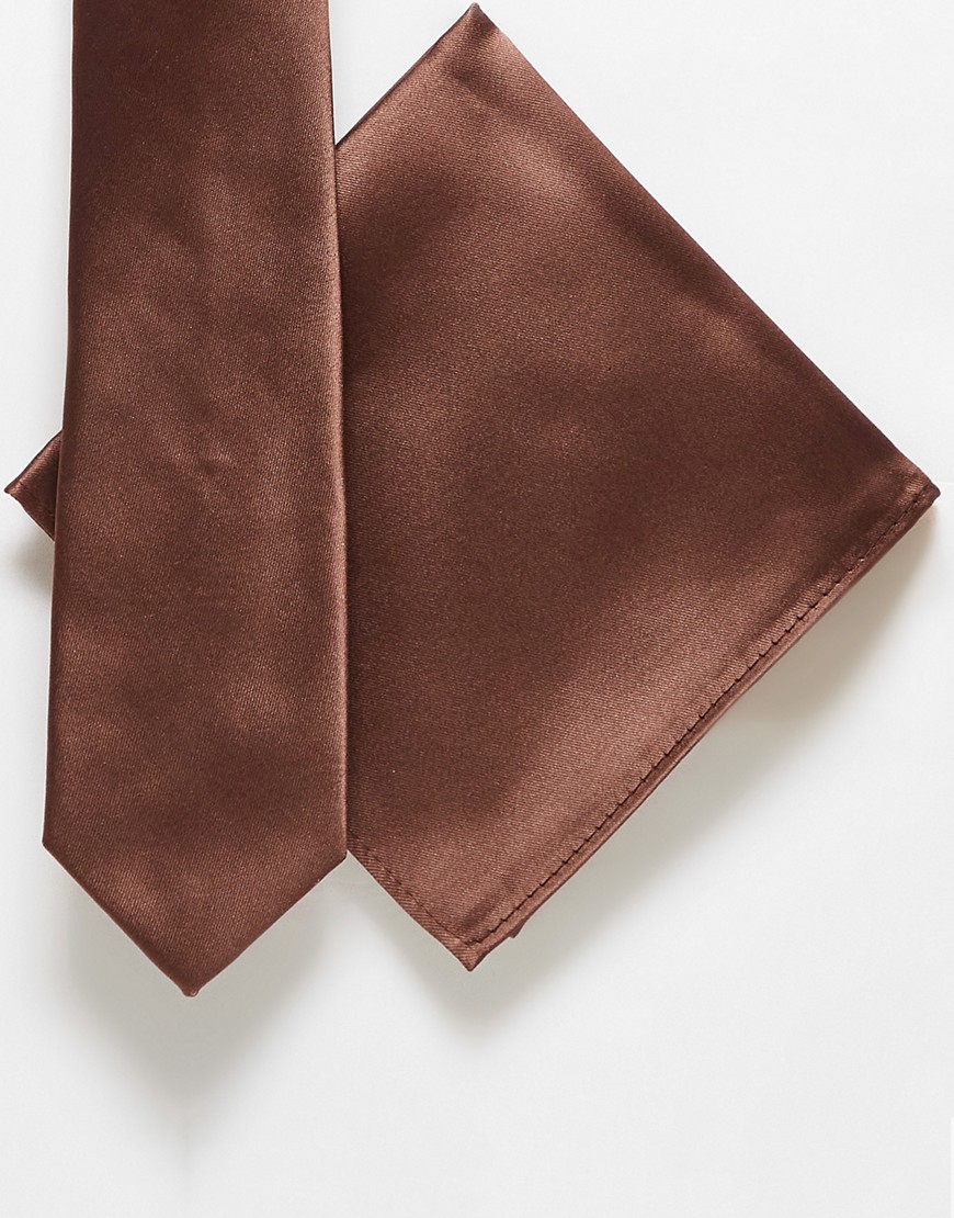 ASOS DESIGN satin slim tie and pocket square in brown
