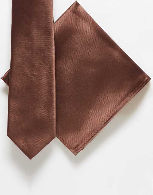 CerbeShops DESIGN satin slim tie and pocket square in brown