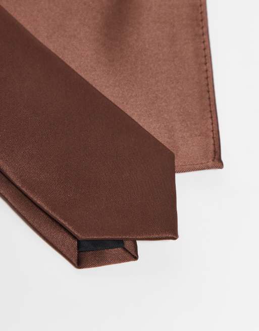 ASOS DESIGN satin slim tie and pocket square in brown, 3 of 4