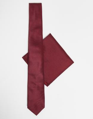 ASOS DESIGN satin slim tie and pocket square in burgundy - ASOS Price Checker