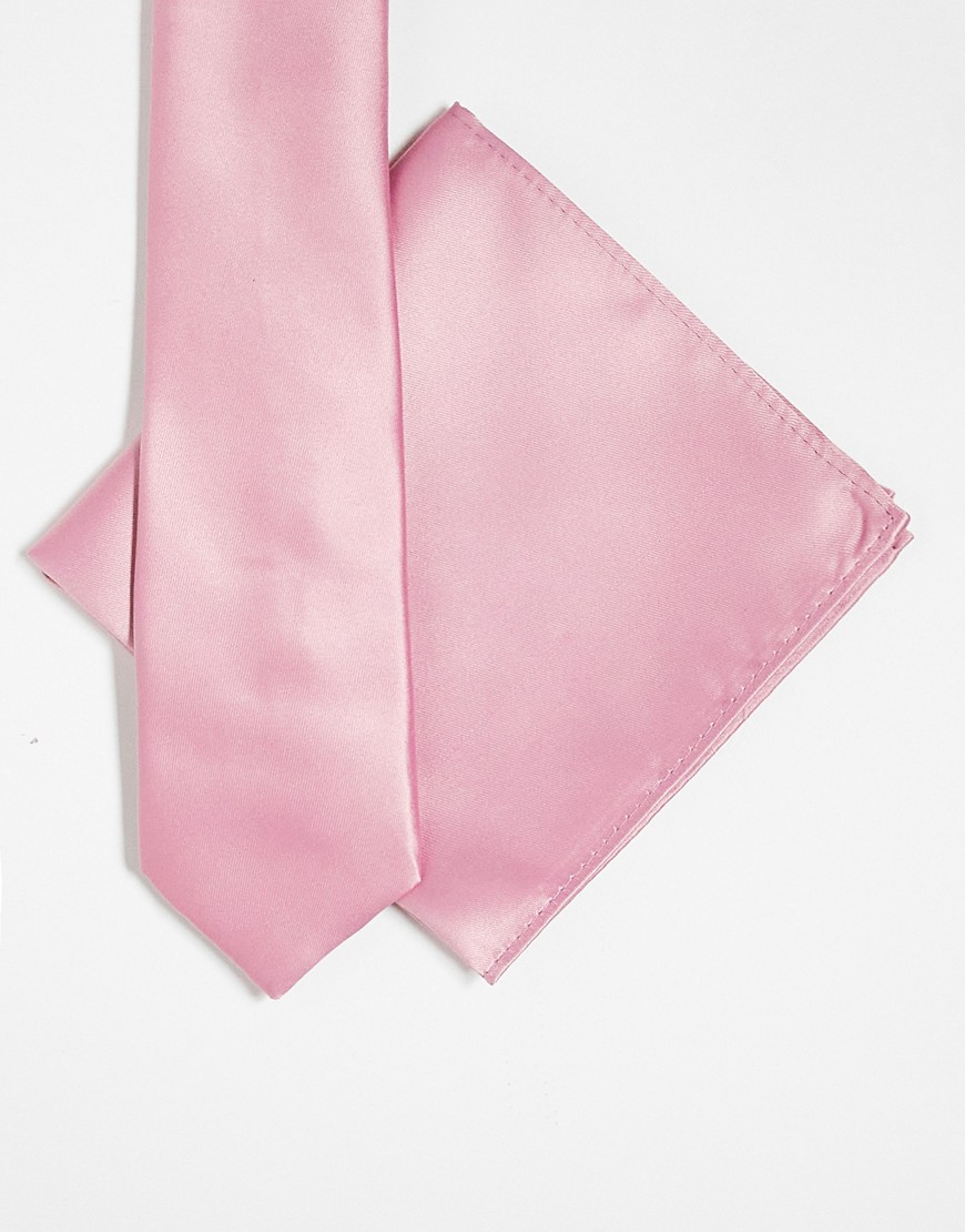 ASOS DESIGN satin slim tie and pocket square in Pink