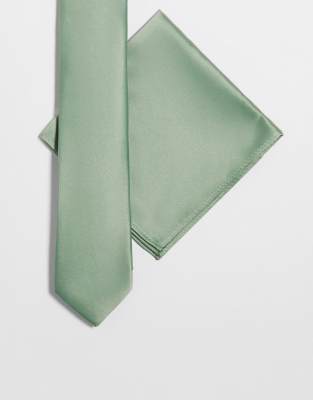 ASOS DESIGN satin slim tie and pocket square in sage green φωτογραφία