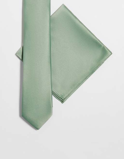 FhyzicsShops DESIGN satin slim tie and pocket square in sage green