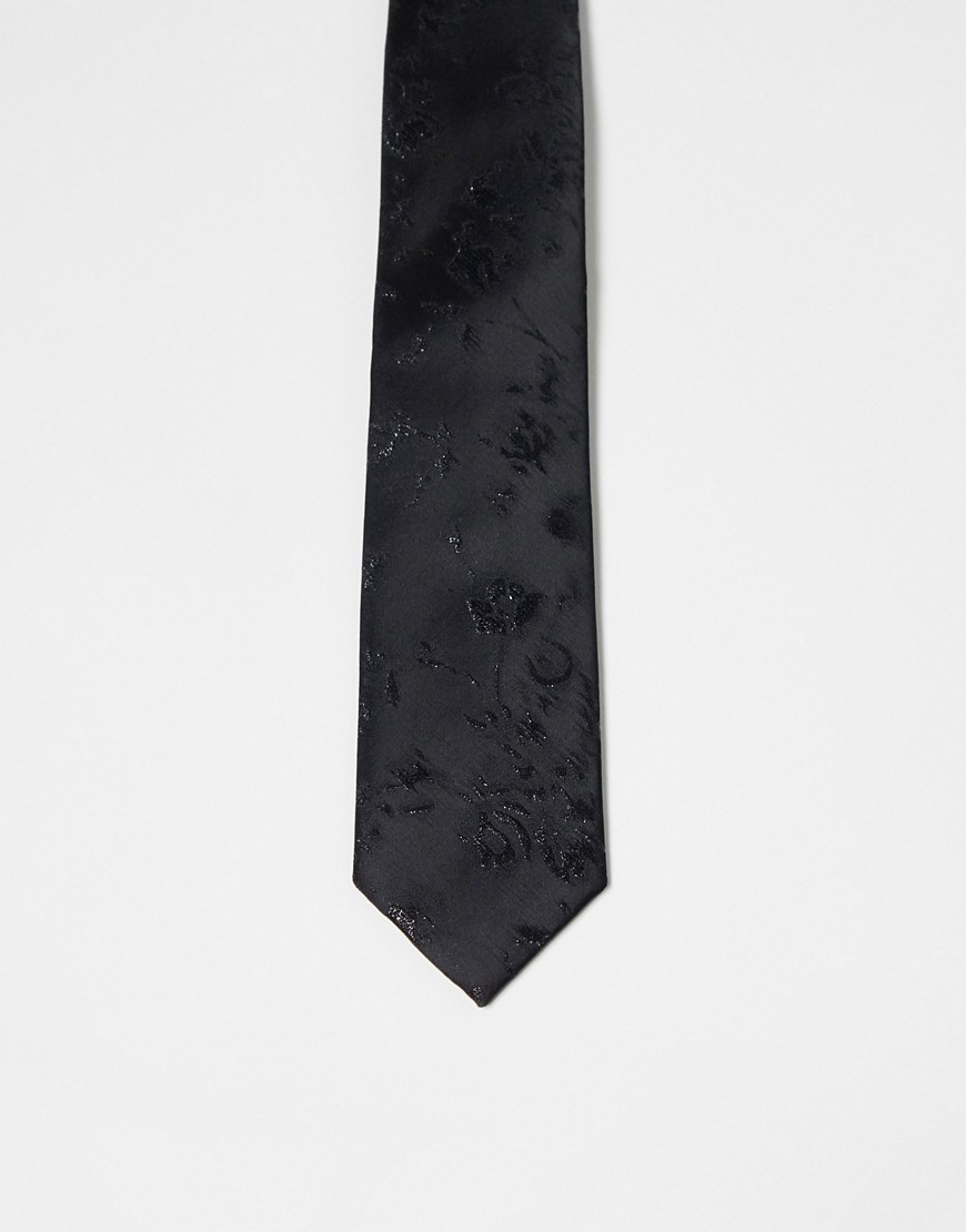 satin slim tie with pattern in black