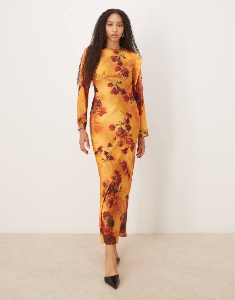 ASOS DESIGN satin slip bias bust detail maxi dress in orange floral print - view 1