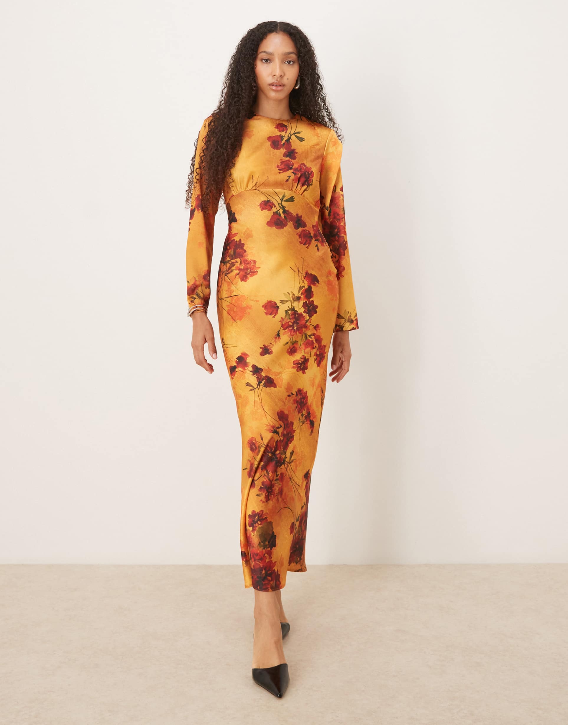 asos design satin slip bias bust detail maxi dress in orange floral print