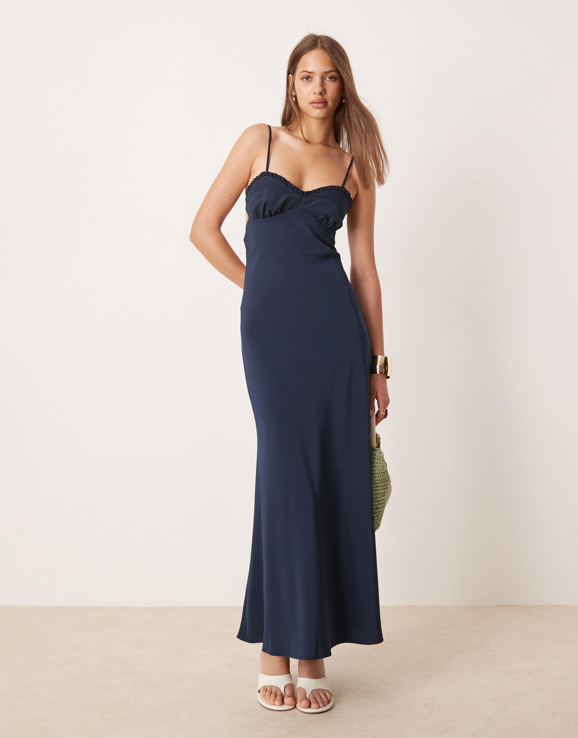 asos design satin slip cami open back maxi dress in navy