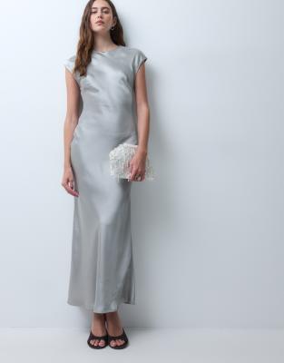 Asos Design Satin Slip Column Maxi Dress With Cap Sleeves In Gray
