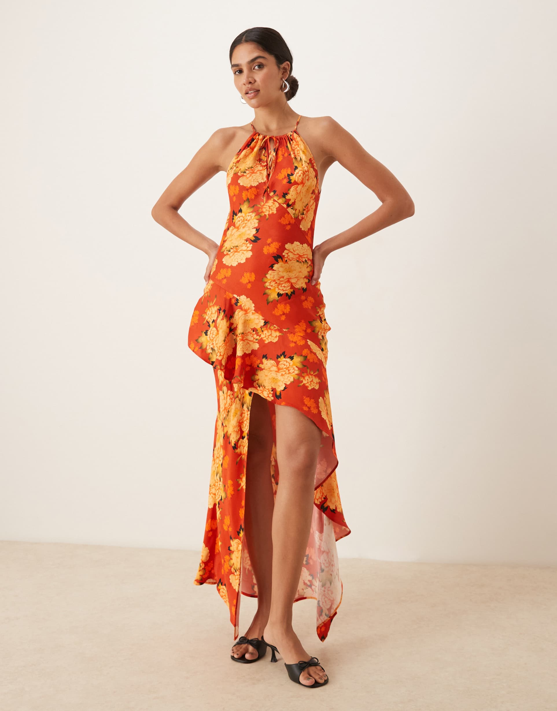 asos design satin slip halter neck maxi dress with ruffle hem detail in floral print