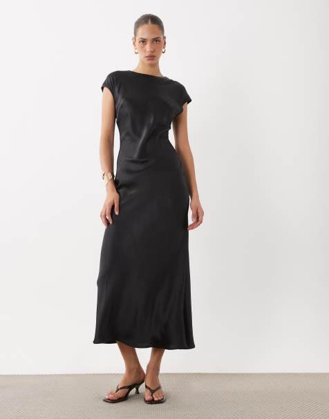 ASOS DESIGN satin slip maxi dress with cap sleeves in black - view 1