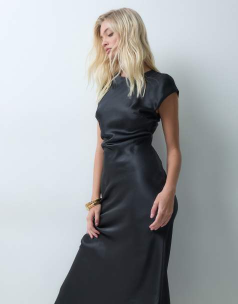 ASOS DESIGN satin slip maxi dress with cap sleeves in black