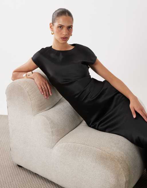 ASOS DESIGN satin slip maxi dress with cap sleeves in black, 2 of 4