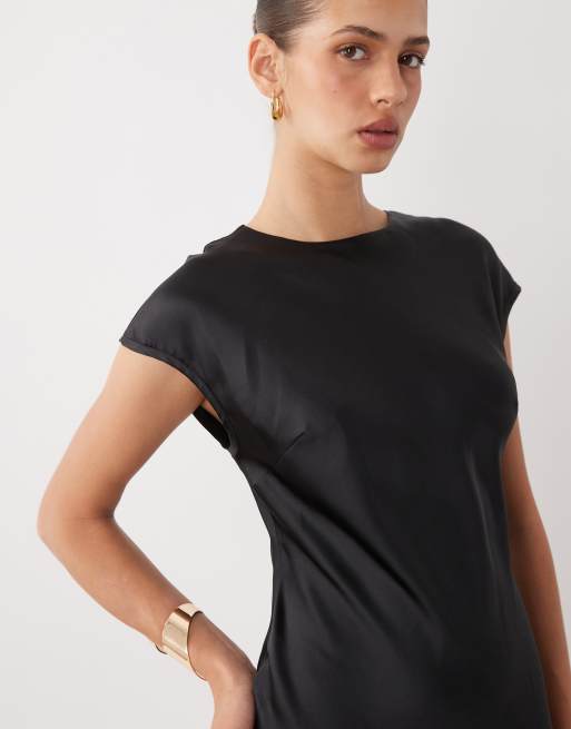 ASOS DESIGN satin slip maxi dress with cap sleeves in black, 3 of 4