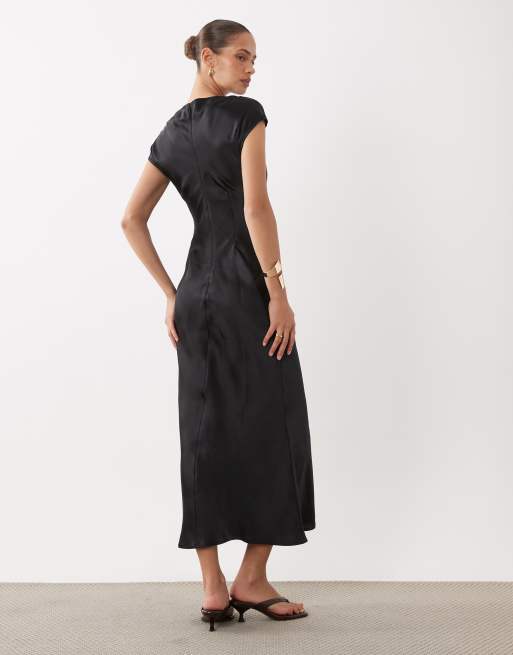 ASOS DESIGN satin slip maxi dress with cap sleeves in black, 4 of 4