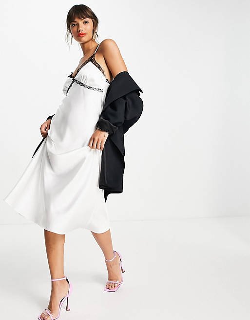 ASOS DESIGN satin slip maxi dress with lace in white